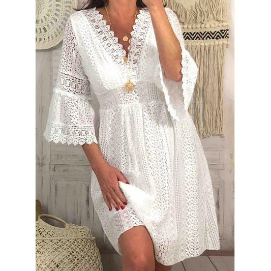 Dress for Women – Elegant Lace Details – V-Neck – Trumpet Sleeves – Knee Length