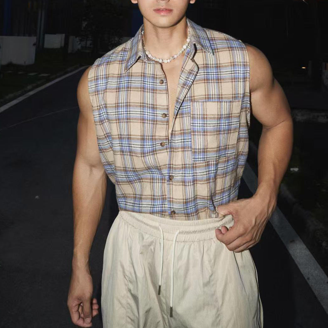 Men's Sleeveless Shirt – Loose Fit – Button Closure – Breathable Plaid Casual Style