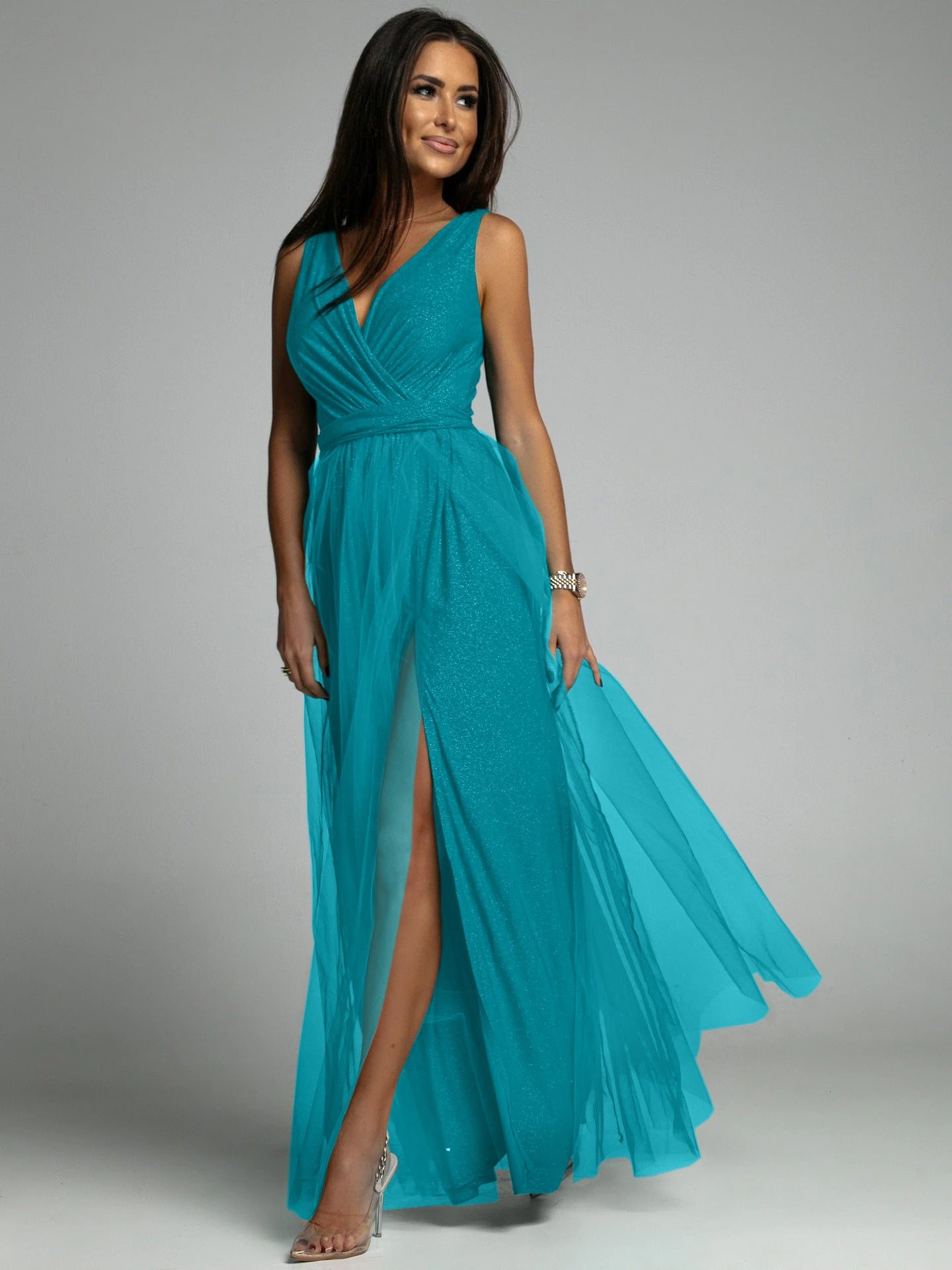 Women's Evening Dress – Slim Fit – Deep V-Neck – High Slit – Shiny Fabric