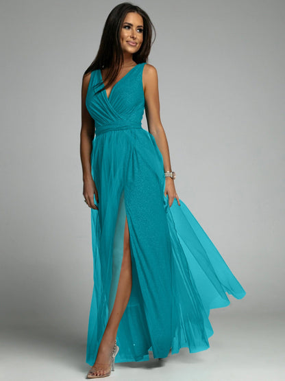 Women's Evening Dress – Slim Fit – Deep V-Neck – High Slit – Shiny Fabric