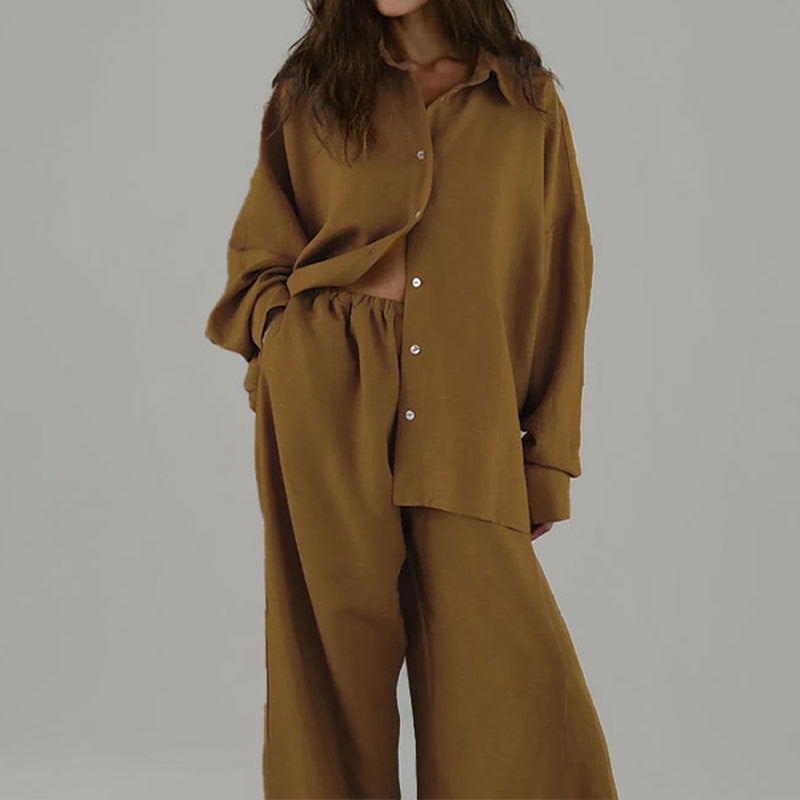 Women's Outfit Set – Oversized Shirt with Tie Front – Wide Pants – Light and Breathable