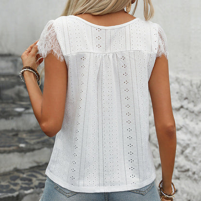 Women's V-neck Top – Eyelet Fabric – Lace – Relaxed Fit – Short Sleeves