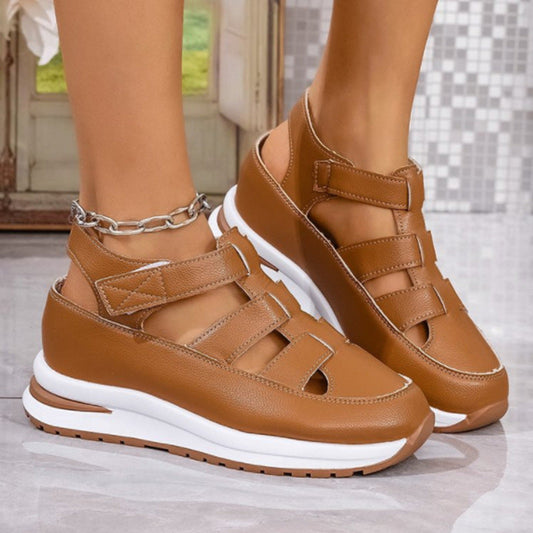 Women's Sandals with Wedge Heel – Closed Toe – Cutouts – Adjustable Velcro – Soft Sole