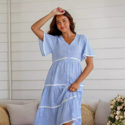 Dress for Women – V-Neck – Loose Fit – Layered Design with Lace Trim