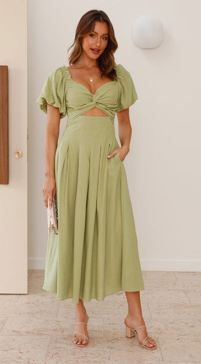 Women's Long Dress – Fit and Flare – Puff Sleeves – V-Neck – Light and Breathable