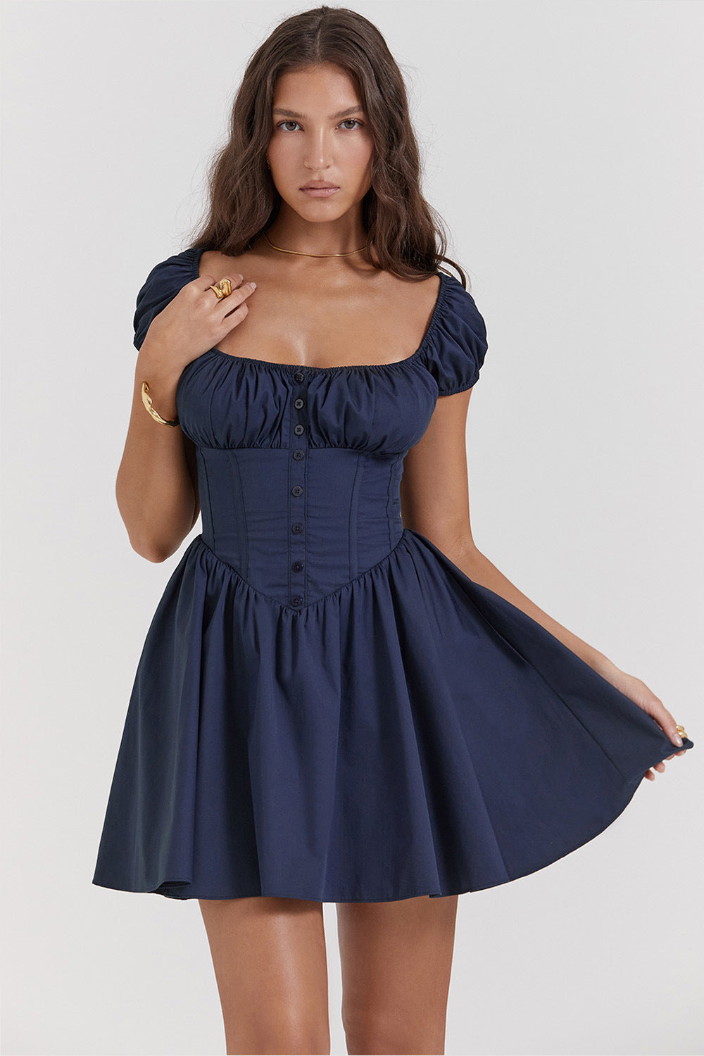 Women's Mini Dress – Slim Fit – A-Line – Puff Sleeves – Square Neckline – Button Details
