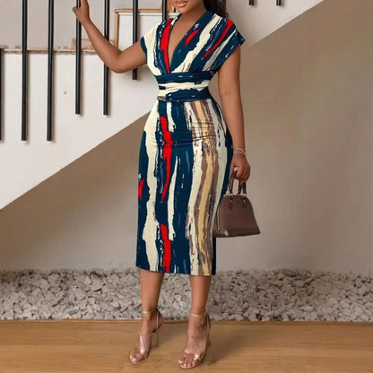 Women's Midi Dress – Slim Fit Bodycon – V-Neck Patchwork Denim – Short Sleeves