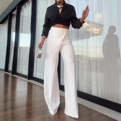 Women's Set – Satin Crop Top with Tie – High-Waisted Wide Pants