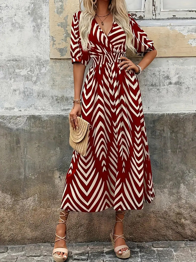 Women's Midi Dress – A-Line Cut – Lightweight and Breathable – V-Neck Wrap – Puff Sleeves – Belt
