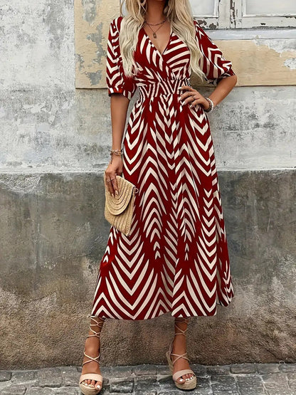 Women's Midi Dress – A-Line Cut – Lightweight and Breathable – V-Neck Wrap – Puff Sleeves – Belt