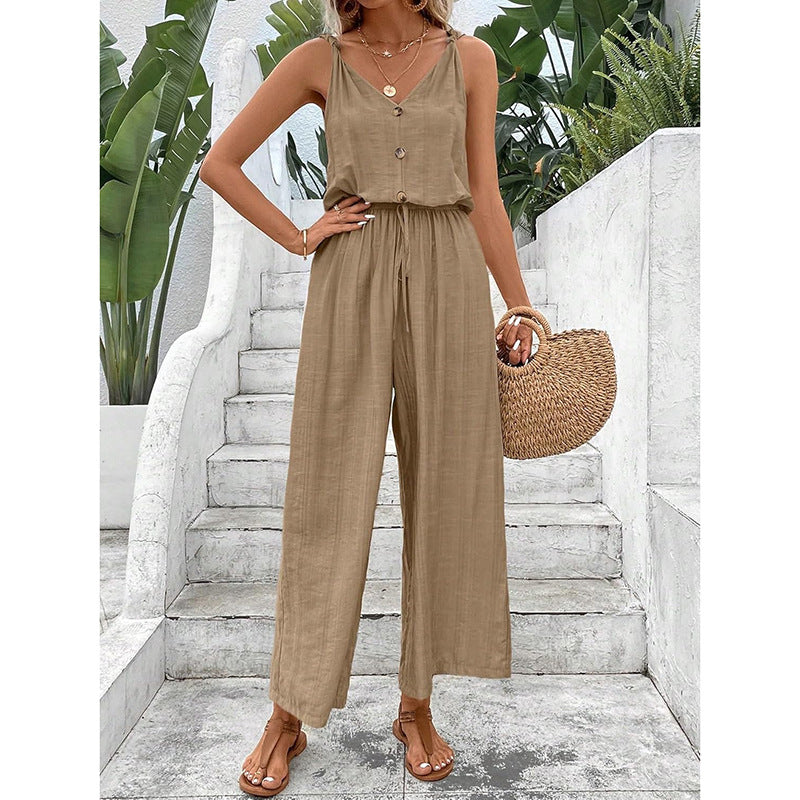 Women's Jumpsuit – Relaxed Fit – Sleeveless – Button Closure – Wide Legs – Natural Fibers