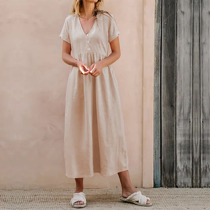 Women's Dress – Loose Fit – V-Neck with Buttons – Midi – Cotton-Linen Mix