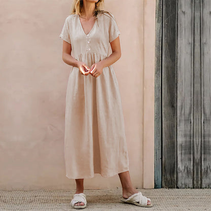 Women's Dress – Loose Fit – V-Neck with Buttons – Midi – Cotton-Linen Mix