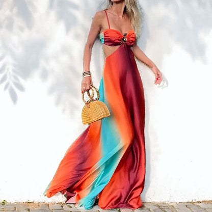 Women's Maxi Dress – Lightweight Fabric – Flowy Fit – Spaghetti Straps – Gradient Design