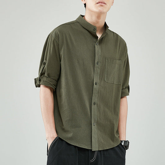 Men's Shirt – Relaxed Fit – Linen-Cotton Blend – Mandarin Collar – 7/8 Sleeves