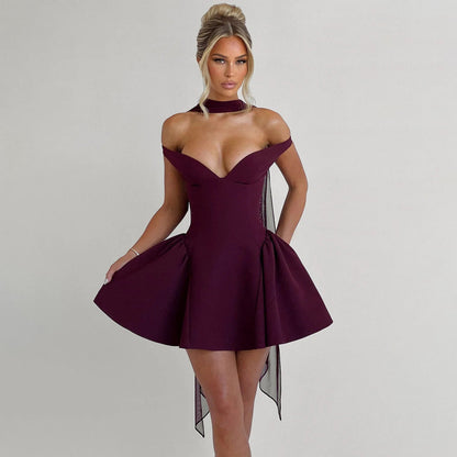 Dress for Women – Slim Fit – Off-Shoulder – Deep V-Neck – Open Back – A-Line Mini