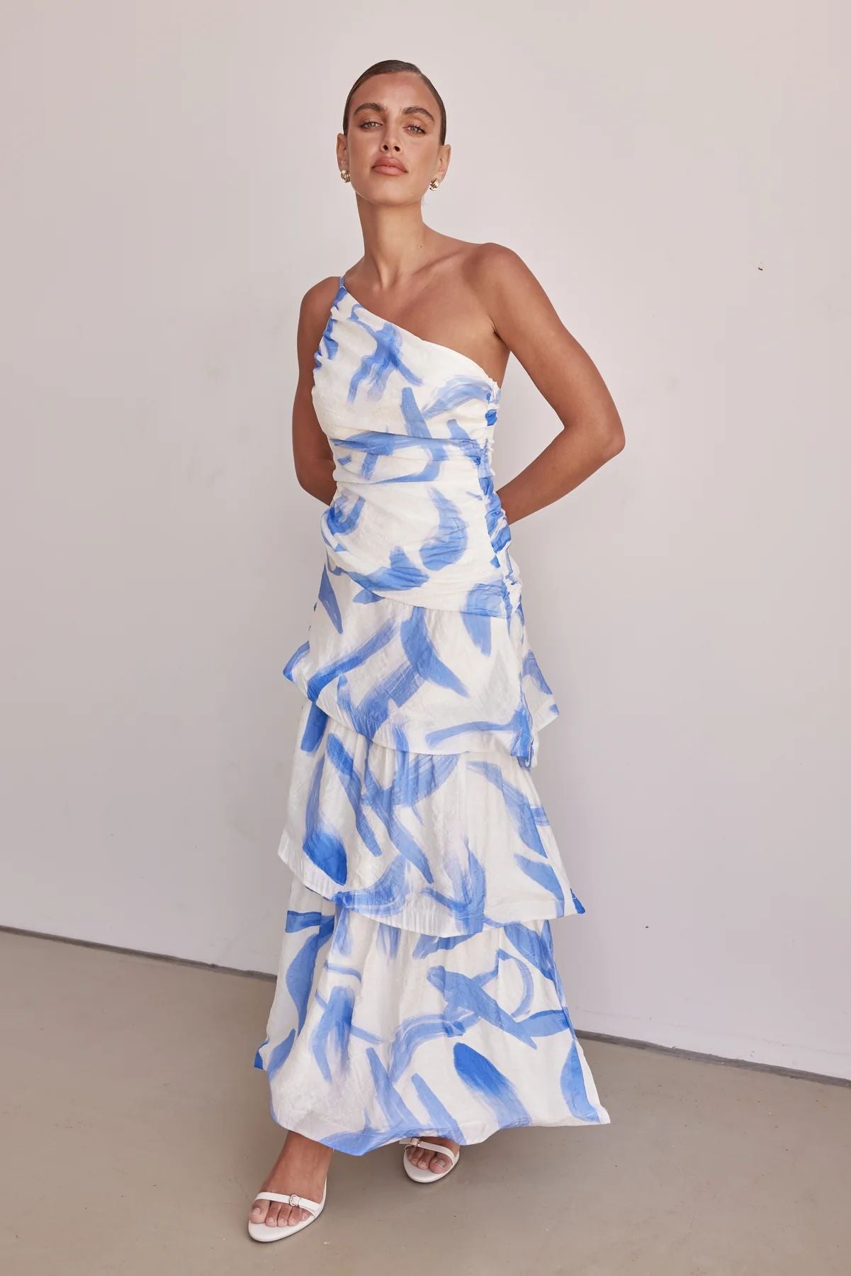 Dress for Women – Maxi Dress with Asymmetric Shoulder – Ruched Bodice – A-line Layer