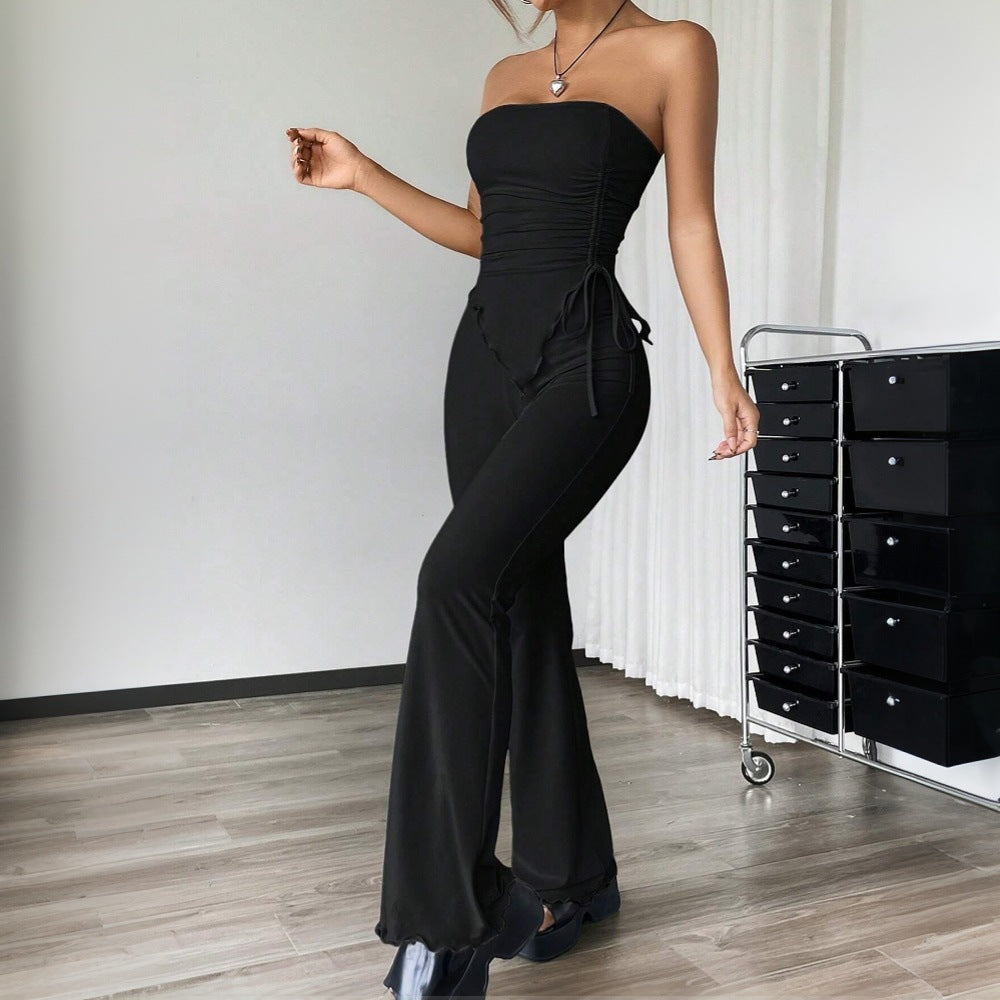 Women's Two-Piece Set – Strapless Bandeau Top – High-Waisted Flared Pants – Stretchable Fit