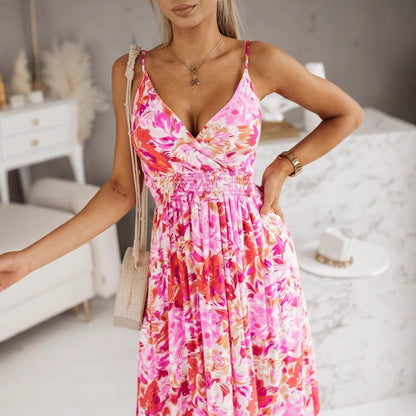 Women's Maxi Dress – Light and Breathable – V-Neck Wrap – Adjustable Straps – Floral Print