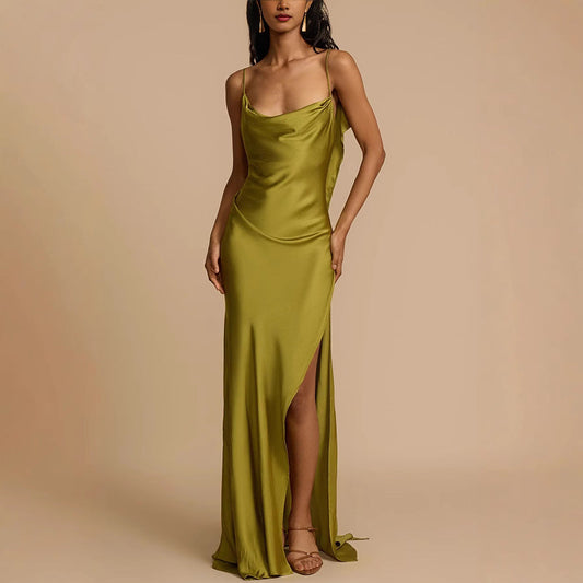 Women's Slip Dress – Satin – Relaxed Fit – Cowl Neck – Spaghetti Straps – Slit