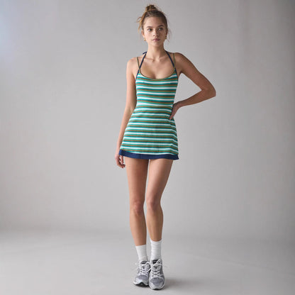 Women's Slip Dress – Knit Fabric – Slim Fit – Striped – Mini Length – Round Neck