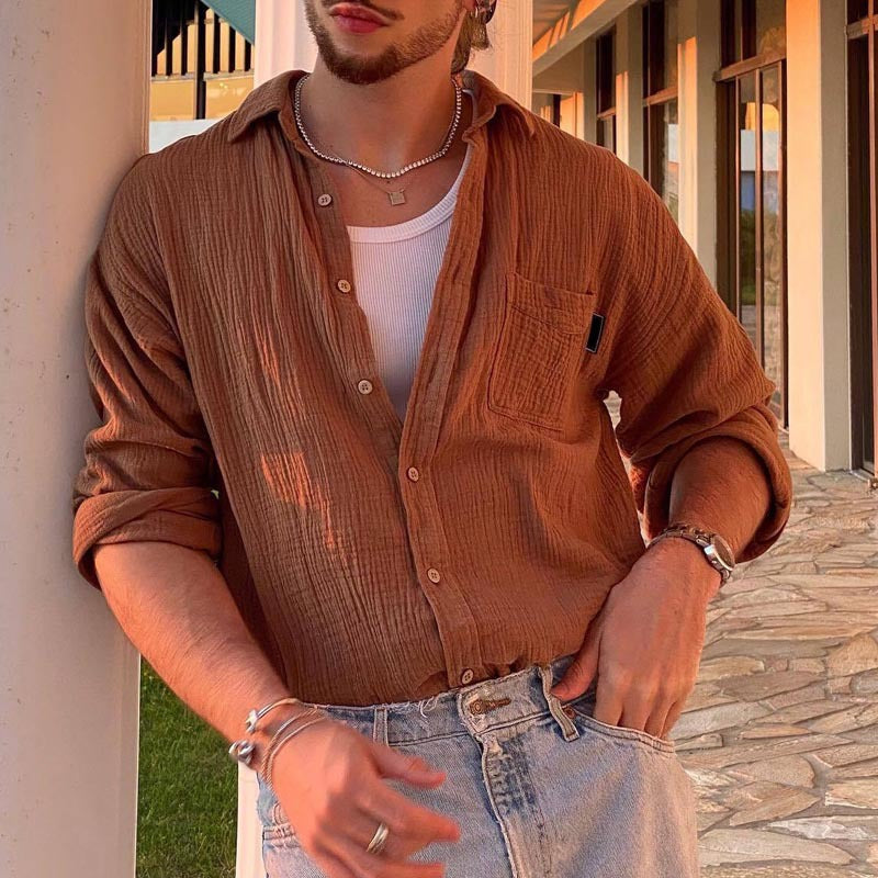 Men's Shirt with Long Sleeves – Relaxed Fit – Breathable Cotton and Linen Blend – Button Closure