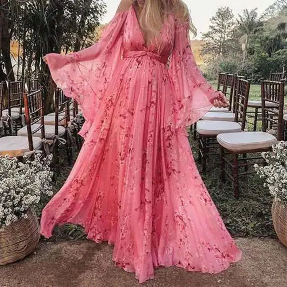 Women's Maxi Dress - V-Neck - Cold Shoulder - Light and Flowing Fit - Floral Pattern
