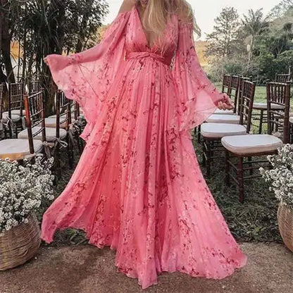 Women's Maxi Dress - V-Neck - Cold Shoulder - Light and Flowing Fit - Floral Pattern