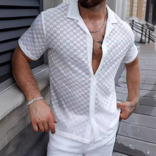 Men's Shirt in Knit – Relaxed Fit – Button Closure – Lace and Mesh Structure – Short Sleeves