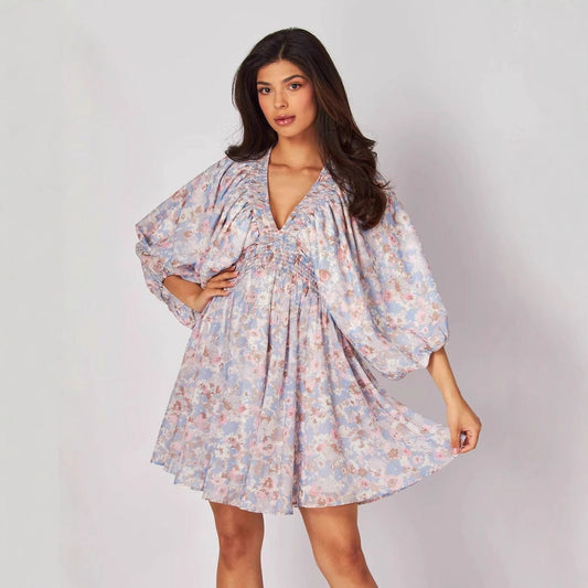 Dress for Women – Chiffon – V-Neck – Ruched Waist – Bohemian Fit – Bishop Sleeves