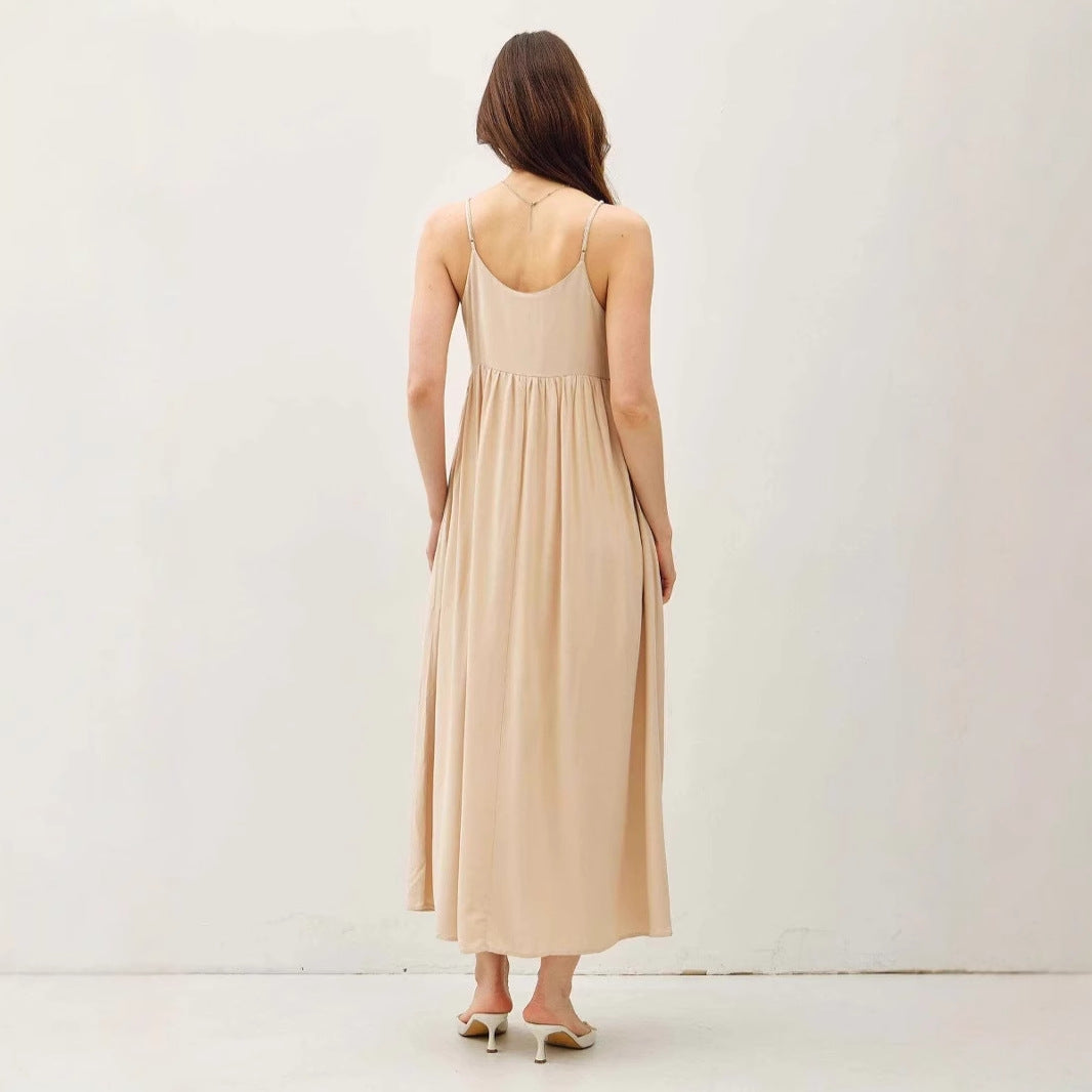 Women's Maxi Dress – Loose Fit – Lightweight and Breathable – V-neck – Pleated with Spaghetti Straps