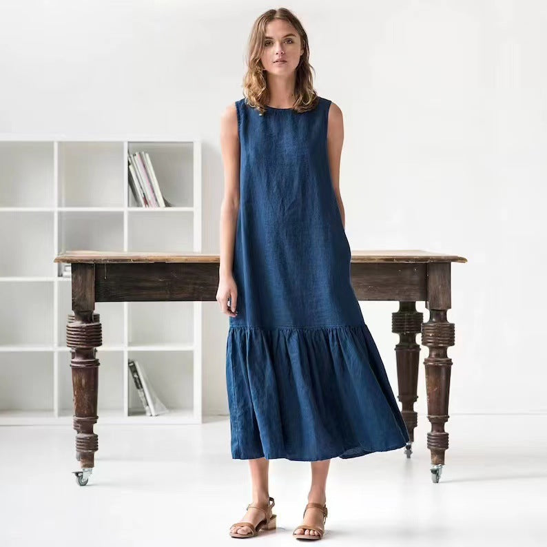 Women's Midi Dress – Sleeveless – Loose Fit – Linen Blend – Ruffle Hem – Casual