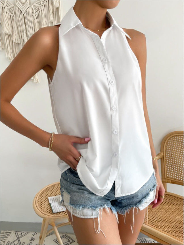Women's Sleeveless Shirt – Relaxed Fit – Button Closure – Soft Shiny Fabric