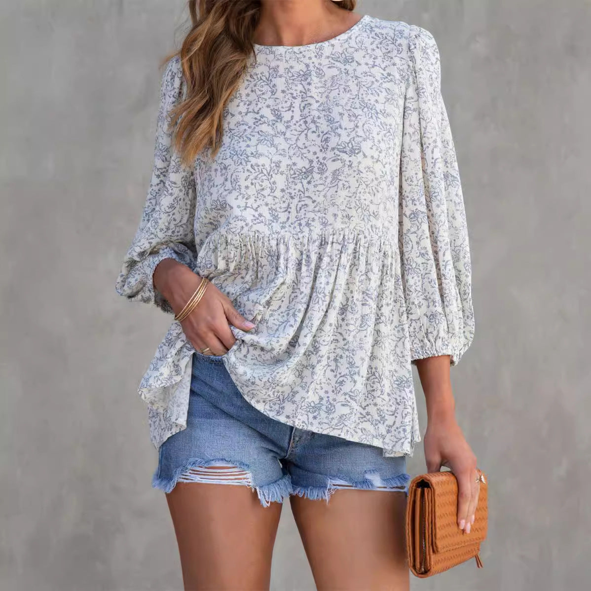 Women's Blouse – Relaxed Fit – Lightweight Cotton – 3/4 Sleeves – Floral Print – Balloon Sleeves