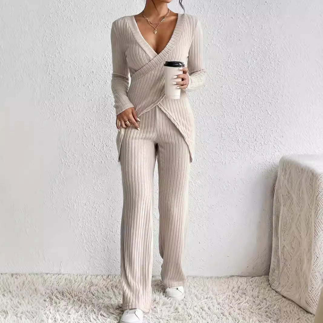 Women's Set in Ribbed Material – Wrap Blouse with Long Sleeves – Loose Pants