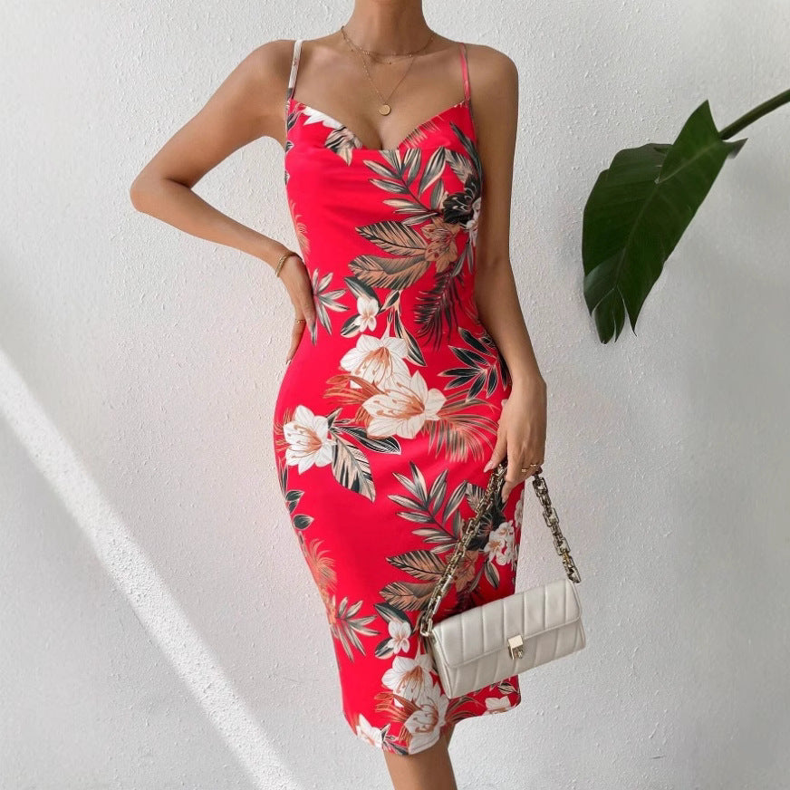 Women's Midi Dress – Fitted Fit – Spaghetti Straps – Floral Print – Slit