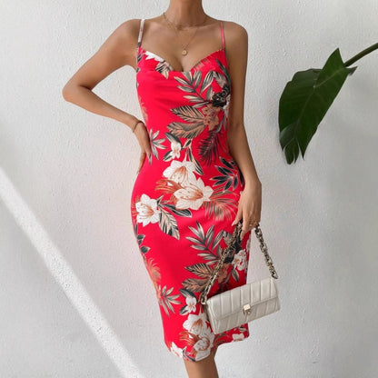 Women's Midi Dress – Fitted Fit – Spaghetti Straps – Floral Print – Slit