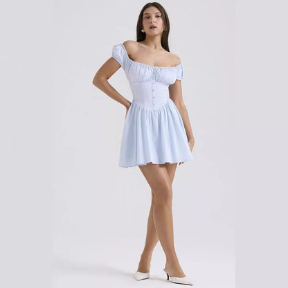 Women's Mini Dress – Slim Fit – A-Line – Puff Sleeves – Square Neckline – Button Details