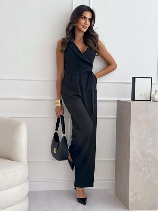 Women's Jumpsuit – Sleeveless V-Neck – Tie Belt – Wide Leg Elegant Fit