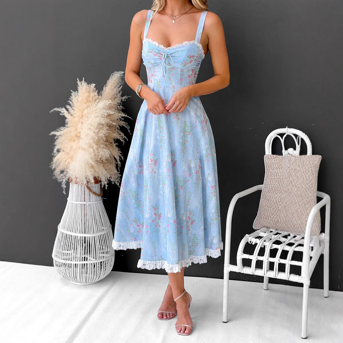 Women's Dress Midi – A-line Cut – Spaghetti Straps – Floral Pattern and Lace Trim