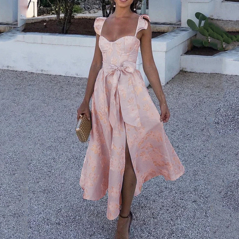 Women's Maxi Dress – Light Cotton – Floral Print – Slit – Tie Straps – A-line Shape
