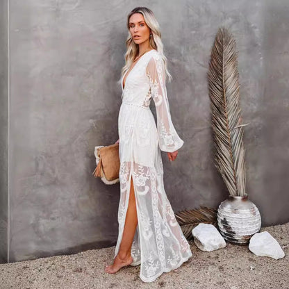 Dress for Women – Long Evening Dress – Lace and Chiffon – V-Neckline – Slit – Sheer Sleeves