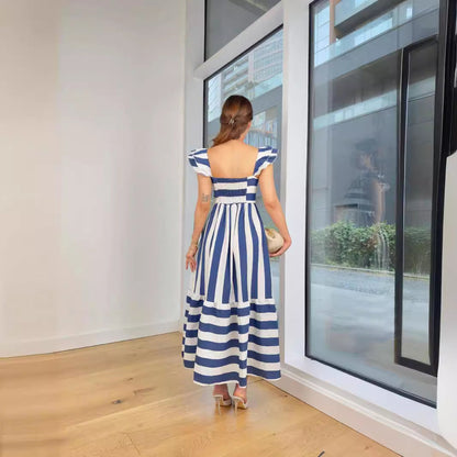 Women's Midi Dress – Cotton Blend – Relaxed Fit – Off Shoulder – Striped – Ruffle Sleeves