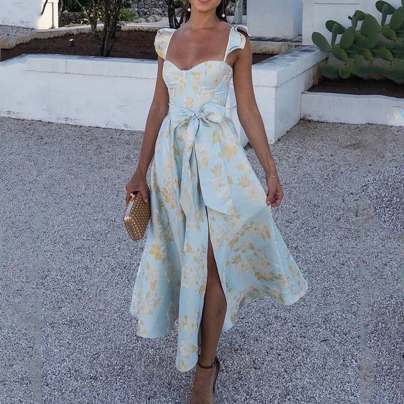 Women's Maxi Dress – Light Cotton – Floral Print – Slit – Tie Straps – A-line Shape