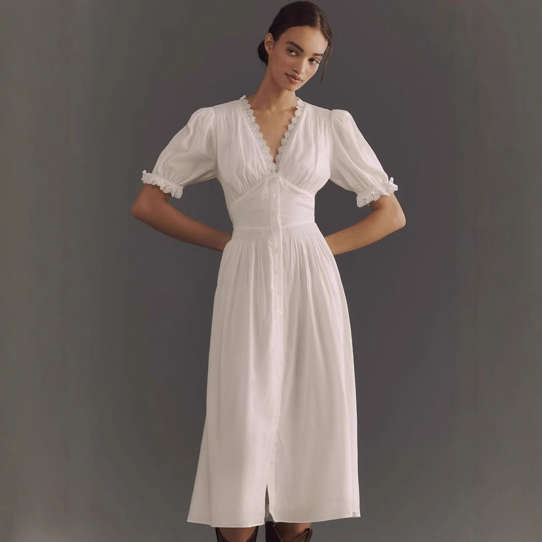 Women's Dress – Midi Length – V-neck with Lace – Puff Sleeves – A-line Fit