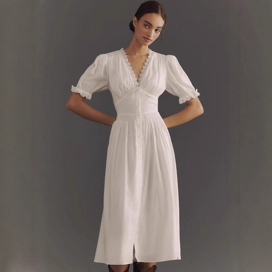 Women's Dress – Midi Length – V-neck with Lace – Puff Sleeves – A-line Fit