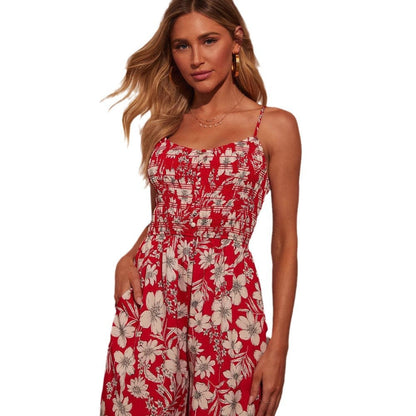 Women’s Jumpsuit – Floral Print – Wide Leg – Spaghetti Straps – Smocked Bodice