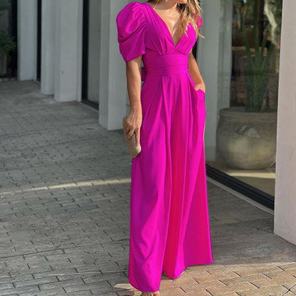 Women's Jumpsuit – Wide Legs – Puff Sleeves – V-Neck – Defined Waist – Elegant Cut