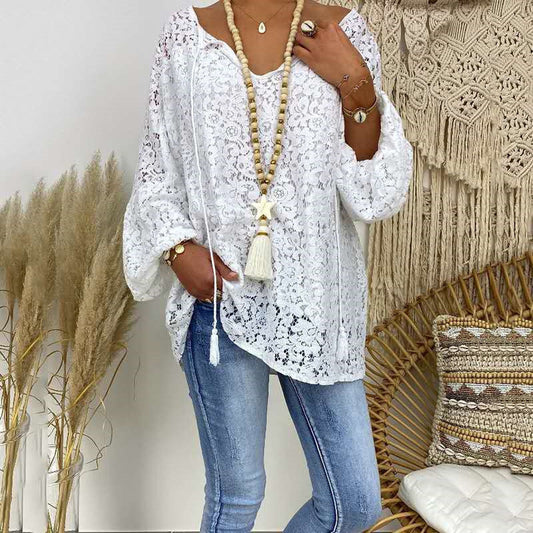 Women's Blouse – Relaxed Fit – Light Lace – V-Neck – Long Sleeves with Laces