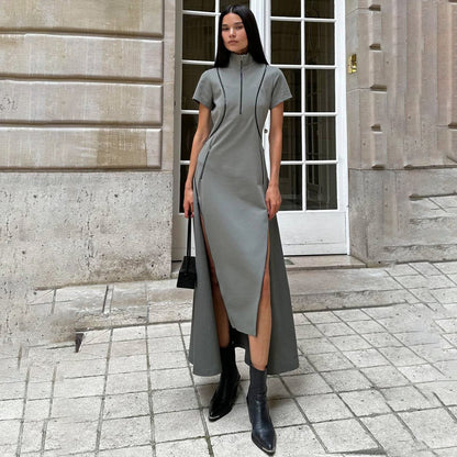 Women's Maxi Dress – Slim Fit – Half Zipper – High Slit – Short Sleeves